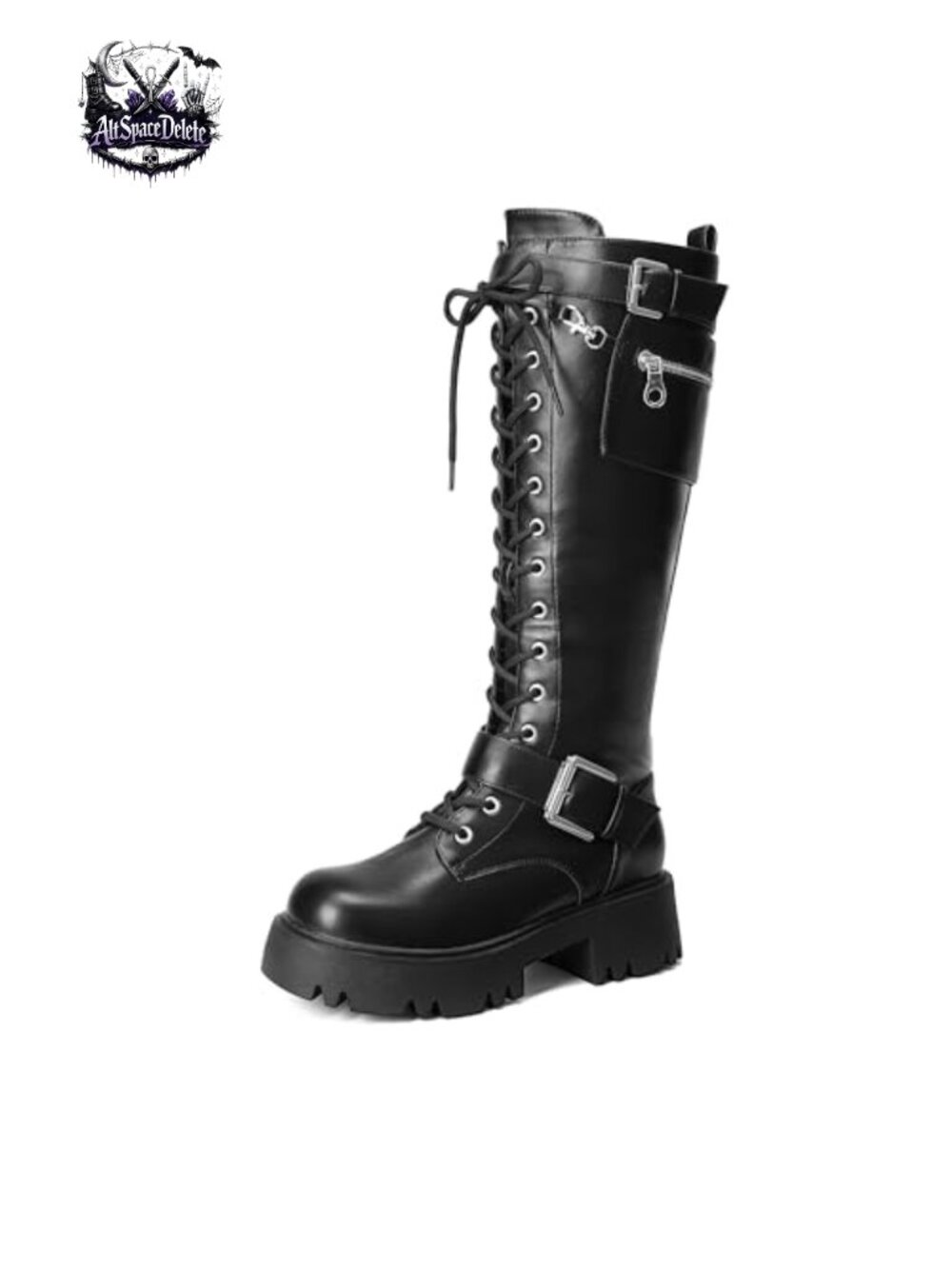 Knee High Combat Boots Platform Heels Faux Leather Lace Up